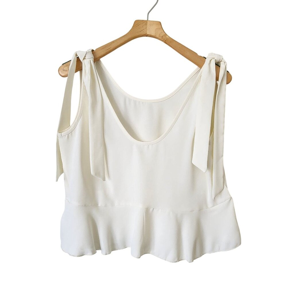 Cream Sleeveless Cami Blouse Cropped Tie Straps Ruffle Lightweight Beach Pool - Picture 1 of 7